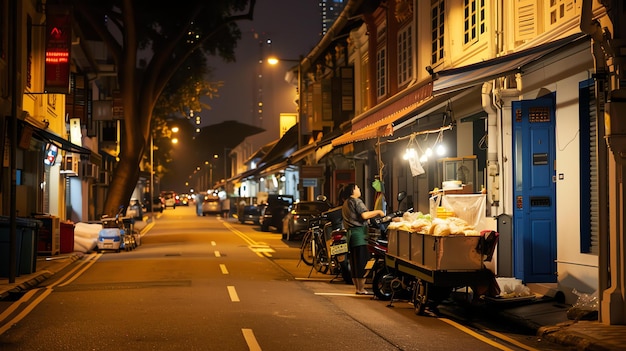 The image is a night view of a street in Singapore The street is lined with old shophouses There is a food stall on the side of the road