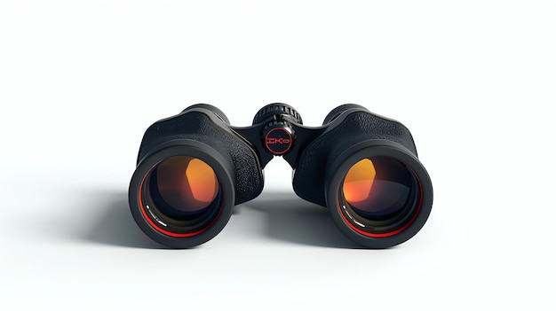 Photo the image is of a pair of black binoculars with red accents the binoculars are in focus and there is a slight shadow on the bottom of the binoculars
