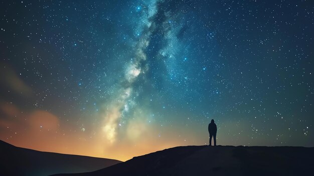 Photo the image is of a person standing alone on a hilltop looking up at a starry night sky