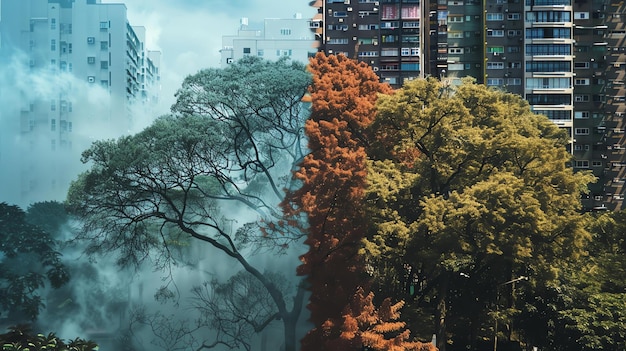 Photo the image is a photo of a city street with trees the trees are in the foreground and the buildings are in the background