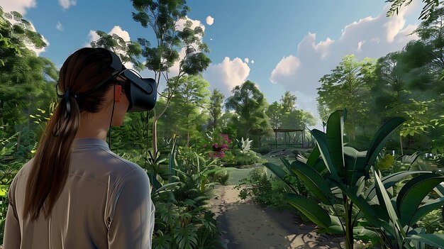 Photo the image is a photo of a woman wearing a virtual reality headset in a lush jungle