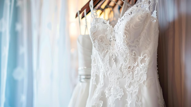 The image is a photograph of a beautiful white wedding dress The dress is made of intricate lace and has a long train