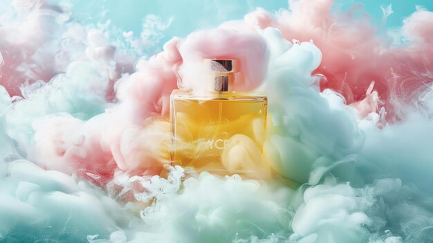 The image is a photograph of a bottle of perfume surrounded by a colorful mist The bottle is made of glass and has a gold cap