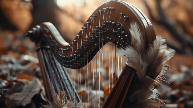 Photo the image is a photograph of a harp with white feathers the harp is made of wood and has a beautiful design the feathers are soft and delicate