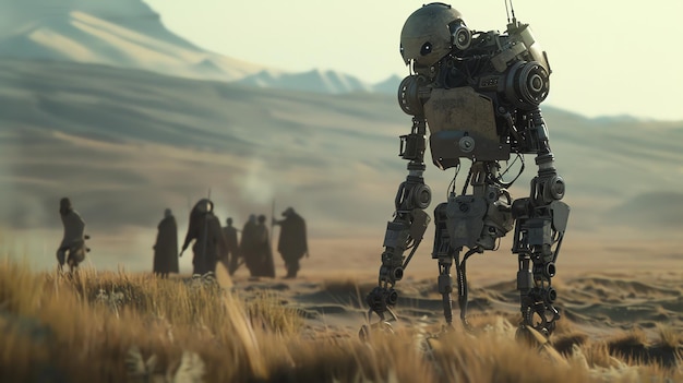 Photo the image is a postapocalyptic landscape with a robot standing in the foreground and a group of people walking in the background