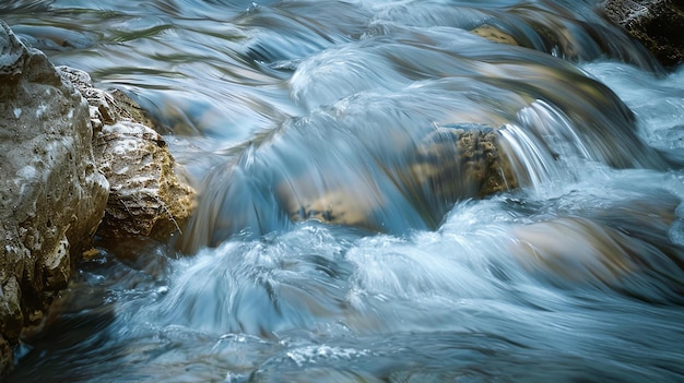 The image is of a river with smooth water flowing over rocks The water is clear and you can see the rocks on the bottom of the river