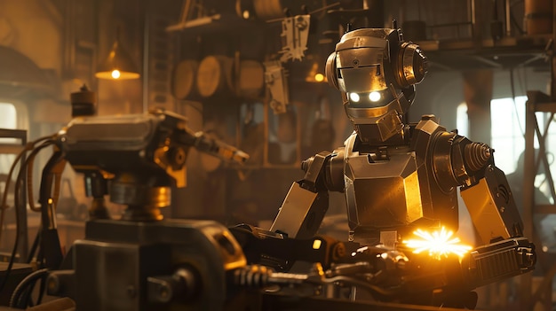 The image is of a robot working in a workshop The robot is made of metal and has a golden glow