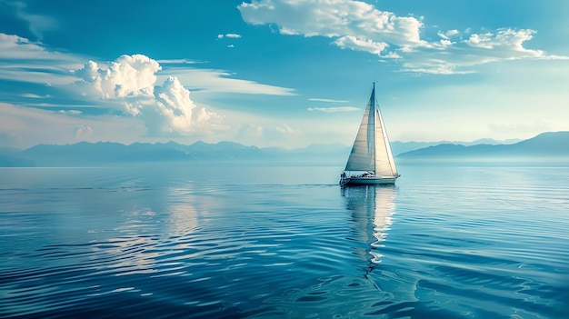 Photo the image is of a sailboat on a calm sea with a beautiful blue sky and white clouds in the background