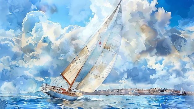 Photo the image is of a sailboat racing across the ocean the white sails are billowing in the wind and the boat is leaning to one side