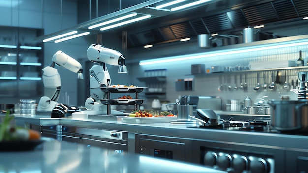Photo the image is a science fiction illustration of a robotic chef in a futuristic kitchen the chef is made of metal and has a sleek modern design