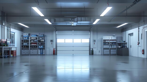 Photo the image is showing the interior of a large modern garage or workshop with a big door in the front