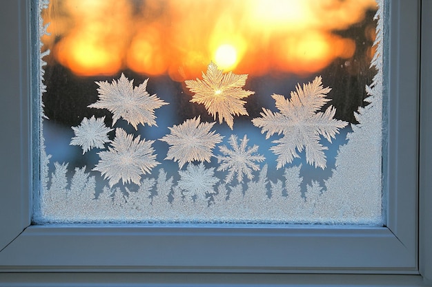 the image is showing a window with beautiful frosty patterns resembling snowflakes