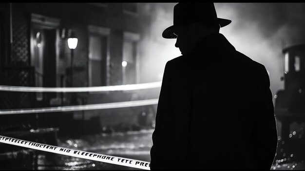 Photo the image is a silhouette of a man wearing a hat and coat standing in a dark alleyway the only light comes from a street lamp in the background