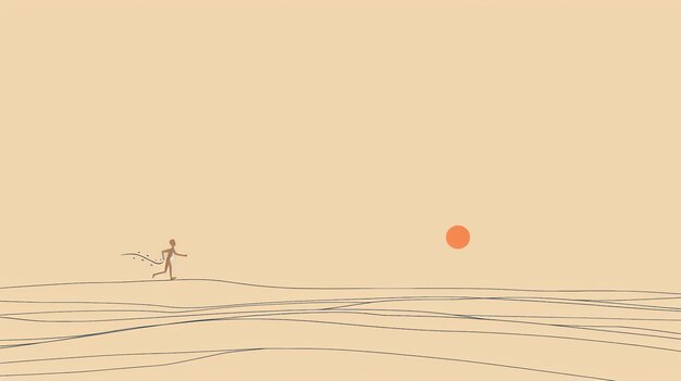 The image is a simple illustration of a person running in a desert The person is wearing a white loincloth and has long hair