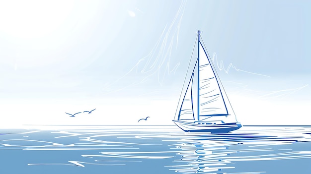 The image is a simple illustration of a sailboat on a calm sea The boat is in the foreground with the bowsprit pointing to the right of the frame