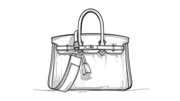 The image is a simple line drawing of a handbag It has a rectangular body with a flap top and two handles