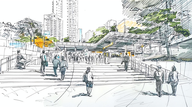 The image is a sketch of a busy urban street with people walking on a wide sidewalk past a modern glass and steel train station