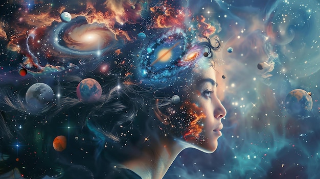 Photo the image is a surreal depiction of a womans face her head is filled with stars galaxies and planets and her hair is made of flowing nebulae