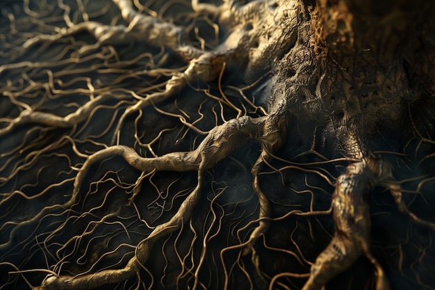 The image is of a tree with roots that are twisted and gnarled