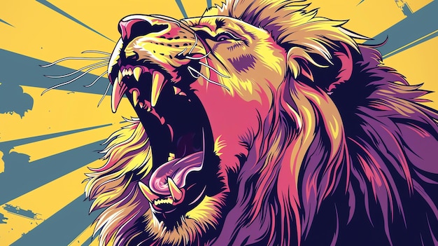 The image is a vector illustration of a lions head The lion is roaring and has its mouth wide open The mane is flowing and the fur is detailed