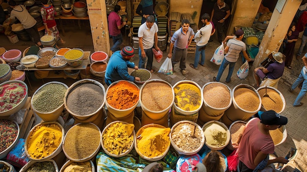 The image is a vibrant and bustling scene of a Moroccan spice market