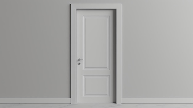 The image is of a white door in a white wall The door is closed and there is a silver handle on the door The floor is white and the walls are white