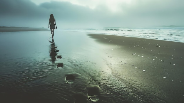 Photo the image is of a woman walking alone on a beach the weather is overcast the woman is wearing a dress and is barefoot