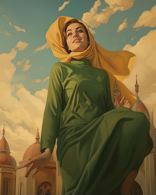 the image of islamic girl of the city by mimi in the style of richly colored skies