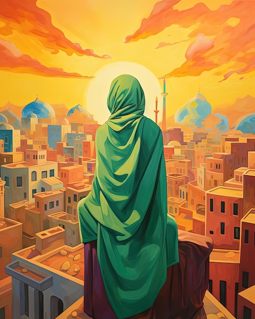 the image of islamic girl of the city by mimi in the style of richly colored skies