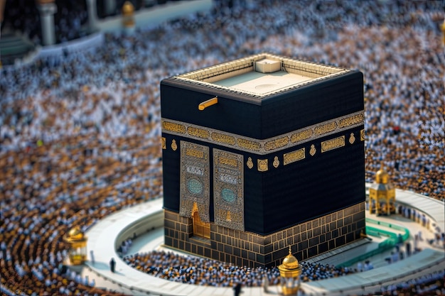 Foto immagine della kaaba islamica con i fedeli durante il ramadan