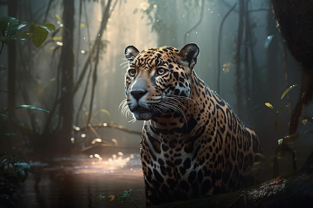 森の真ん中にいるジャガーのイメージ 野生動物 動物 イラスト 生成AI