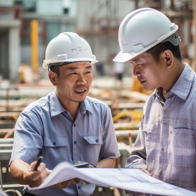 The image of a Japanese construction manager a young site foreman giving instructions