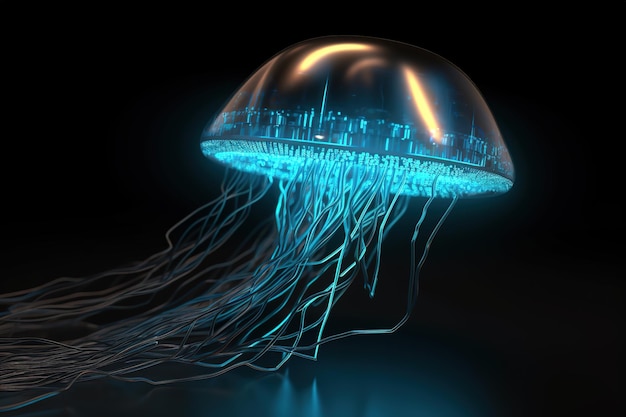 Image of a jellyfish with light that is in the digital world on a dark background Sea animals illustration generative AI