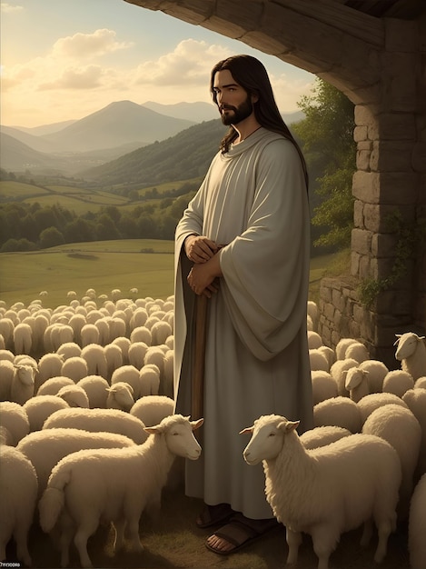 Photo image of jesus christ as a compassionate shepherd surrounded by his flock