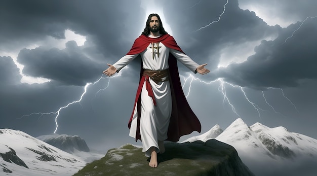 image of Jesus Christ with open arms on top of a mountain and in the background rays coming from the