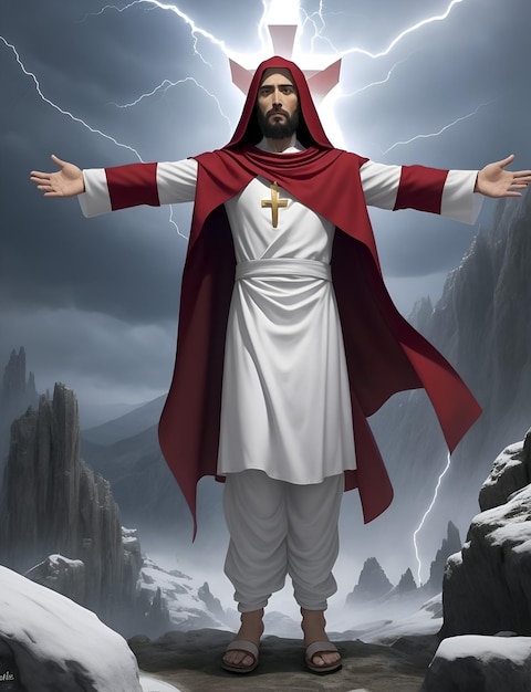 Photo image of jesus christ with open arms on top of a mountain and in the background rays coming from the