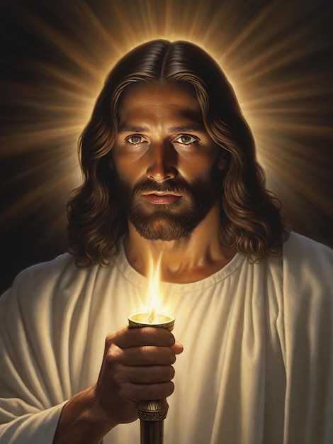 손에 불을 들고 있는 예수의 모습 - 그는 긴 갈색 머리카락을 가지고 있으며 거룩한 빛으로 목욕을 하고 있다.