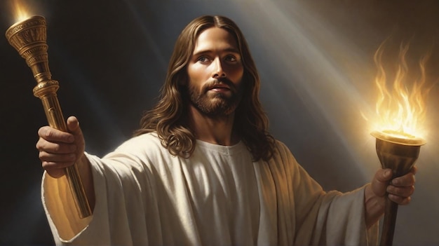 Image of Jesus holding a torch in his hand he has long brown hair and is bathed in holy light