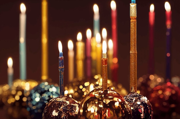 Image of jewish holiday Hanukkah background with menorah and burning candles