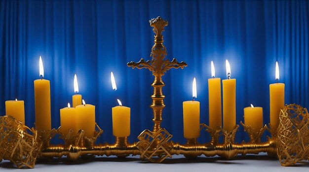 유대인의 휴일인 하누카 (Hanukkah) 의 배경은 메노라 (menorah) 와 전통적인 캔들라브라 (candelabra) 와 불타는 불 (candles) 이다.