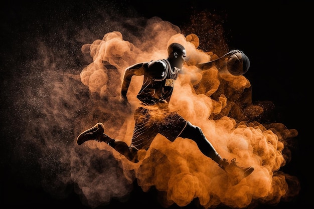 Image of jumping basketball player with ball view of dust and smoke