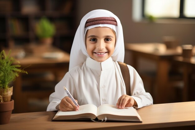 Foto immagine di un bambino che impara la lingua araba in classe