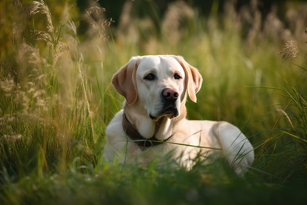 Image of labrador dog resting on green pasture grass on summer Pet Animals Illustration Generative AI