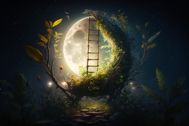 Image of ladder going up to tree with moon in the background Generative AI