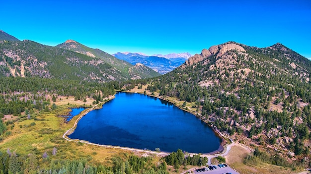 Image of lake in the mountains with pine trees and blue sky