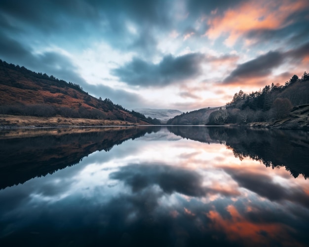 an image of a lake at sunset with mountains in the background