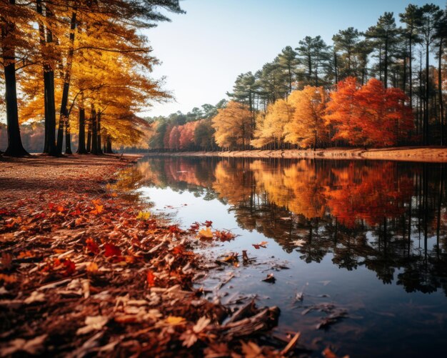 秋の木々に囲まれた湖のイメージ