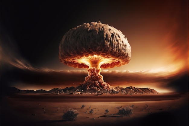 Image of landscape with nuclear explosion created using generative ai technology