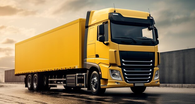 Photo image of a large truck in yellow and orange color