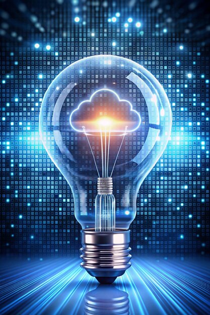 image of light bulb neon circle and binary coding data processing global cloud computing digital interface and data processing concept digitally generated image